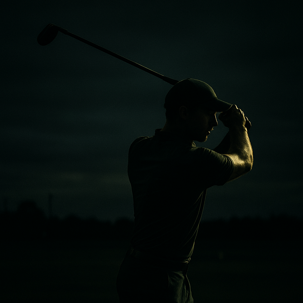 Golfer at the top of the backswing at dusk