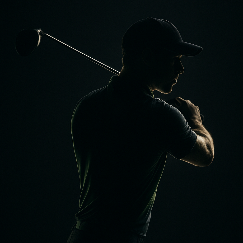 Professional golfer mid-backswing in dramatic low-key lighting