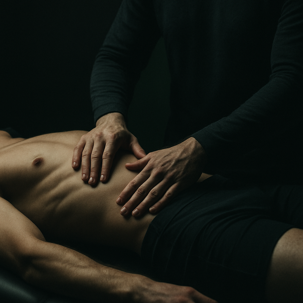 Practitioner assessing an athlete's ribcage and pelvis